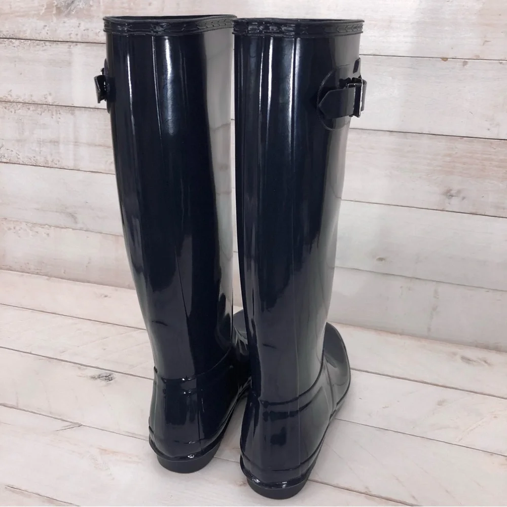 Hunter Navy Gloss Original Tall Rain Boots • Women's Sz 9 • NIB